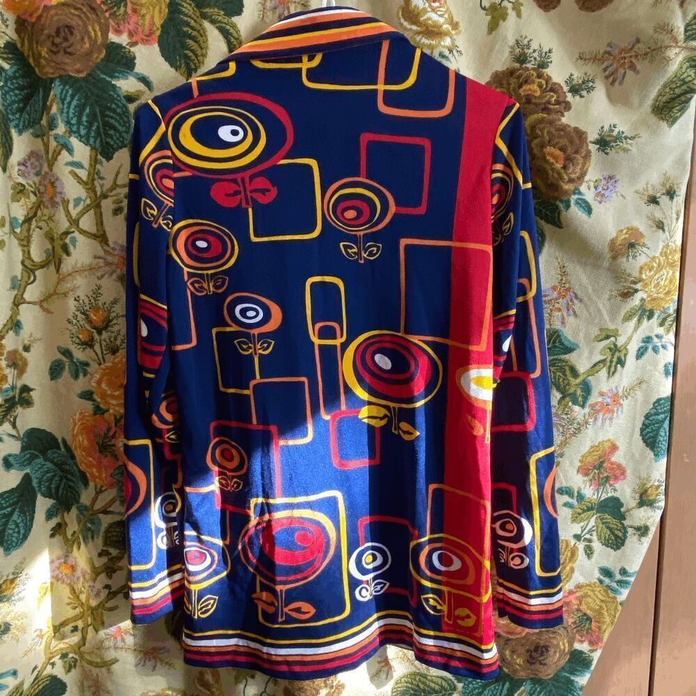 VTG 70s Psychedelic Mod Disco Shirt Geometric Print Fitted Button Up Top - Picture 9 of 13